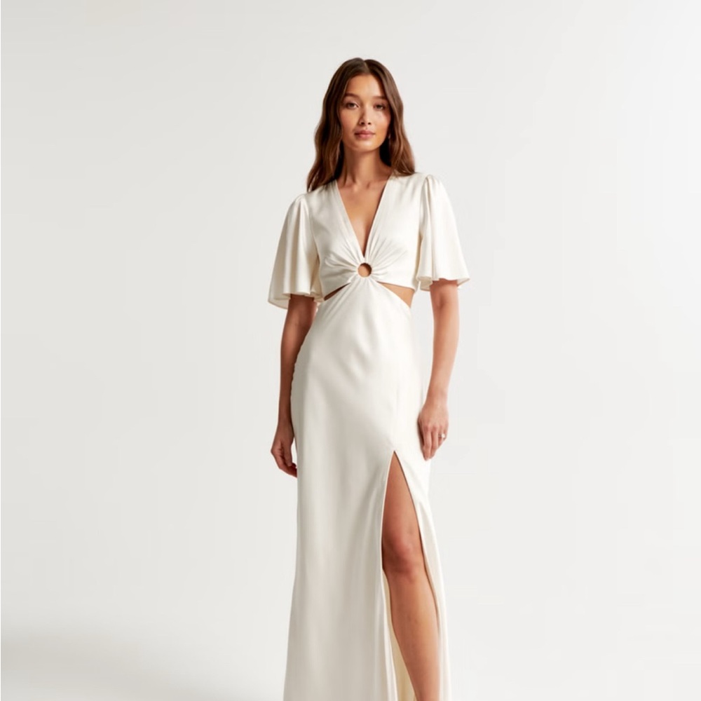 A&F Ivory Plunge Maxi Dress with Flutter Sleeves